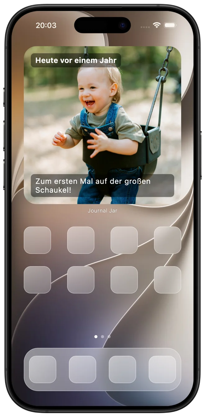 Journal Jar Widget auf dem Home-Bildschirm mit einer Erinnerung von vor einem Jahr